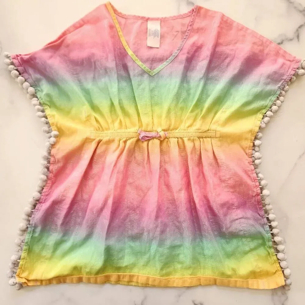 More than Magic XS 4/5 girls rainbow swim cover up pom pom trim swimming top